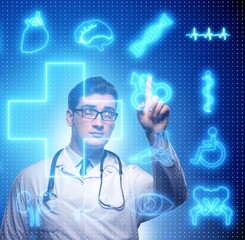 Telemedicine concept with doctor pressing virtual buttons