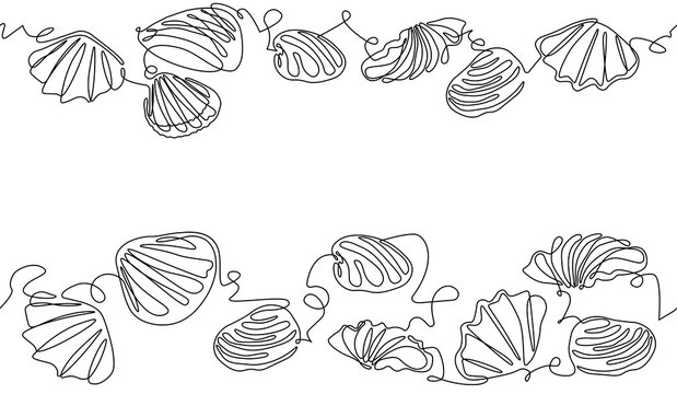 Two top and bottom  patterns with sea shells and a empty space for text. Single line art. Background for your design. Can be yused also  like print, wallpaper, banner, template. Vector illustration.
