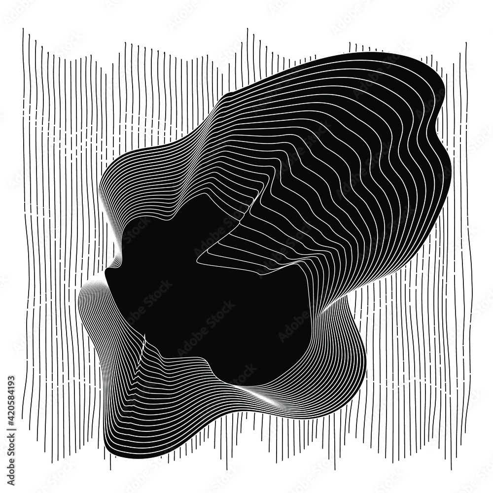 Poster abstract artwork with deformed shapes and forms in black and white colors.