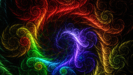 Abstract background, smooth multicolored lines on a black background.