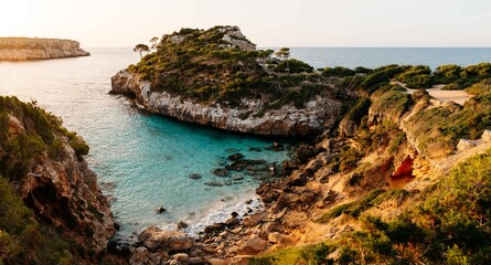 Panoramic view of Calo des Moro in Mallorca at sunrise
