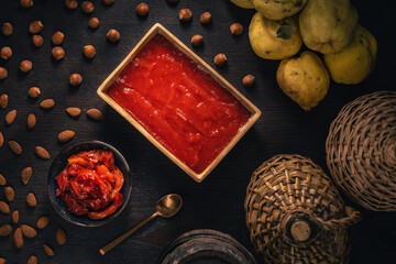 Quince marmalade and preserve on table