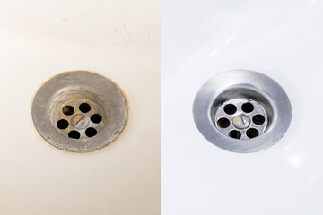 dirty and clean domestic bath drain sink. before and after cleaning sink bowl