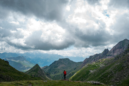 Female hiker looking at mountains