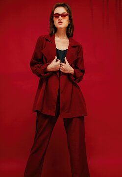 trendy model in red suit