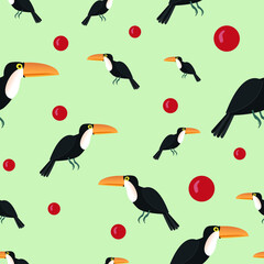 seamless pattern with toucan birds and red fruit.