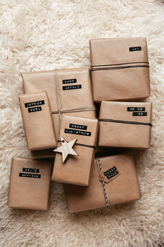 Overhead of kraft paper christmas presents wrapping