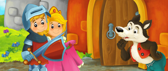 Cartoon king knight queen wolf near castle entrance