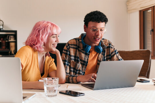 Teenagers studying at home