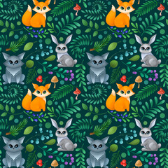 Seamless pattern with cute forest animals. Children illustration.