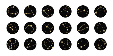 Vector set of highlights with golden stars and constellations. Mystical magic elements, spiritual occultism objects. Trendy minimal style.