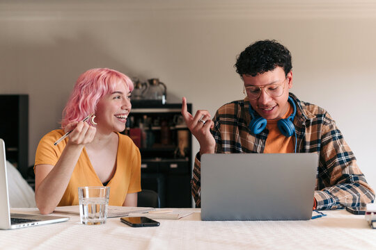 Teenagers studying at home