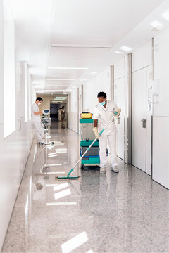 Cleaning Worker Disinfecting Hospital