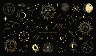 Zelfklevend Fotobehang Golden set of sun, moon, stars, clouds, constellations and esoteric symbols. Alchemy mystical magic elements for prints, posters, illustrations and patterns. Spiritual occultism objects. © Valedi 