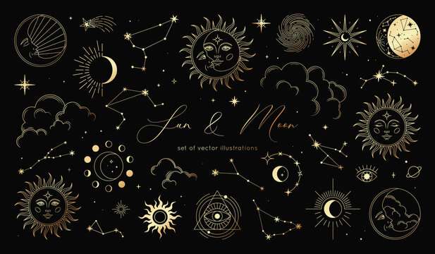 Golden set of sun, moon, stars, clouds, constellations and esoteric symbols. Alchemy mystical magic elements for prints, posters, illustrations and patterns. Spiritual occultism objects.