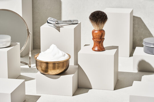 Various shaving supplies on cubes