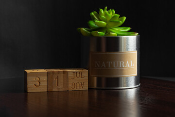 June 31. Image of the calendar June 31 wooden cubes and an artificial plant on a brown wooden table reflection and black background. with empty space for text