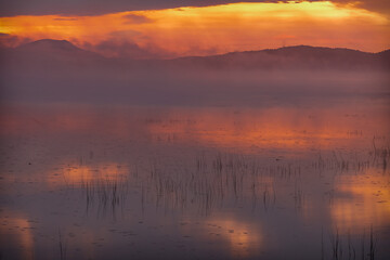 USA, New York, Adirondack State Park. Sunrise on Raquette Lake.