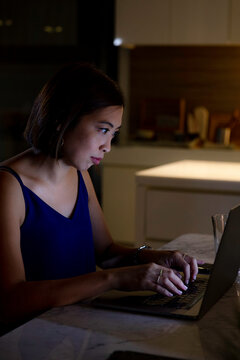 Woman working from home at night - looking at illuminated screen