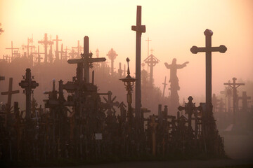 Lithuania's Hill Of Crosses on a foggy morning.