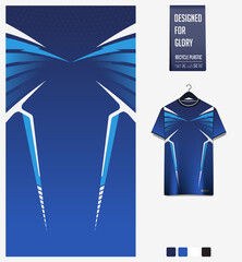Soccer jersey pattern design.  Abstract pattern on blue background for soccer kit, football kit or sports uniform. T-shirt mockup template. Fabric pattern. Sport background. 