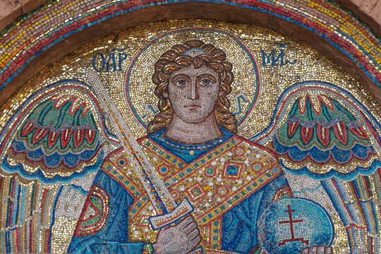 Ancient image of the archangel Michael with a sword. Lined with mosaic