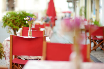 Outdoor restaurant table beautifully decorated with plants and flowers in Vilnius, Lithuania