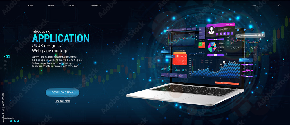 Poster Modern web banner. Business data and investment analysis on laptop with dashboard UI interface. Website and mobile version web. Isometric banner with budget accounting or statistics concept. Vector