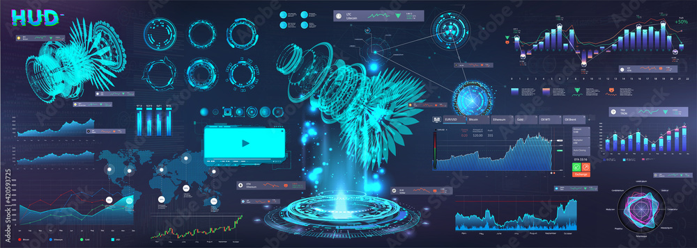 Poster Modern Business Elements UI, UX in HUD style. Futuristic User Interface GUI 3D objects, infographics, circle, graphic data and chart. Virtual touch graphic interface HUD. Vector interface set for Web