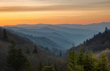 Fototapeta na wymiar Sunrise, Oconaluftee River Valley, Great Smoky Mountains National Park, North Carolina.
