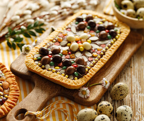 Mazurek, Polish traditional Easter cake with rich decorations, close up view