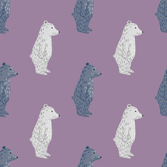 Fauna arctic animal seamless pattern with doodle hand drawn polar bears ornament. Purple background.