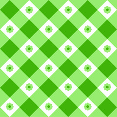 Green and white gingham seamless pattern with flowers. Checkered texture for picnic blanket, tablecloth, plaid, clothes. Springtime geometric background, Easter textile design. Vector illustration.