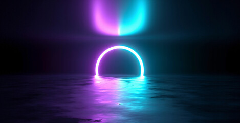 Round futuristic portal in neon with blue and purple glow. Sci fi metal construction 3d rendering
