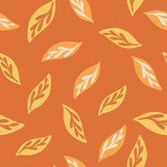 Abstract seamless pattern with doodle random leaves elements. Orange background. Hand drawn style.