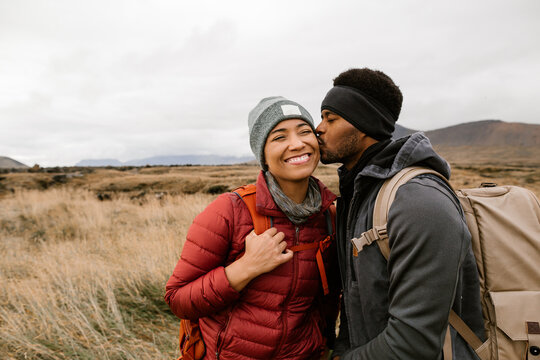 Young couple hiking.