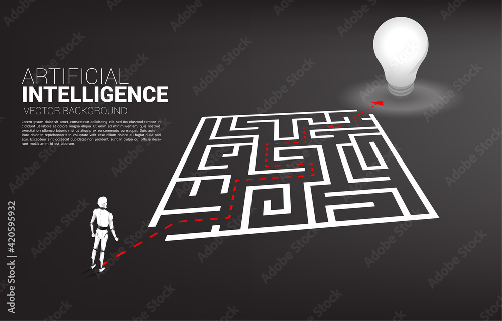 Poster Robot standing on route path go around the maze to goal. A.I concept for problem solving and finding idea.
