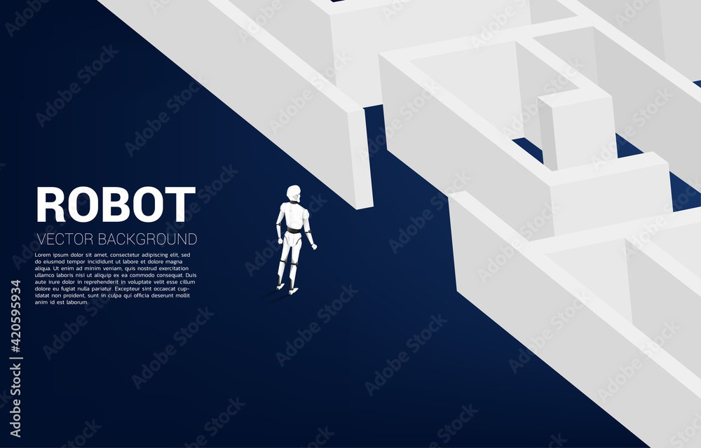 Poster Robot standing in front of the maze. A.I concept for problem solving and finding idea.