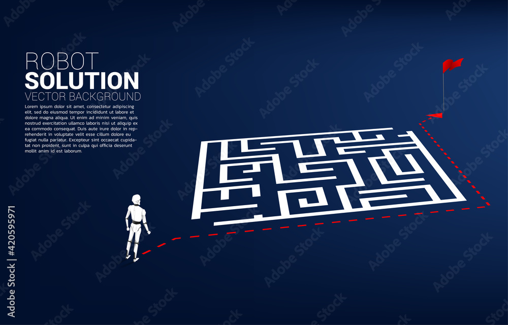 Aufkleber Robot standing on route path go around the maze to goal. A.I concept for problem solving and finding idea.