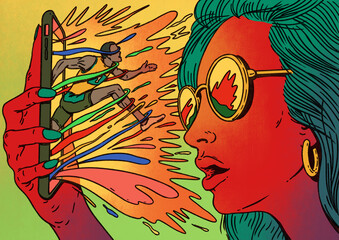 Girl Watching Live Streaming Athletic Sport On Phone