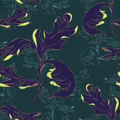 Fototapeta na wymiar Seamless Leaf Pattern, Green, Purple