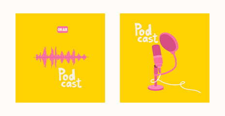 Podcast covers. Stand-type studio microphone with pop filter and cord. Pink soundtrack on a yellow background. Hand drawing illustration for blogging. EPS 10 - obrazy, fototapety, plakaty