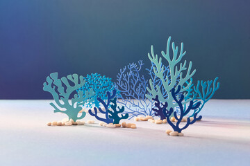 Set of blue and green underwater species, marine creatures, sea or ocean flora and fauna.