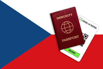 Immunity passport and test result for COVID-19 on flag of Czech.