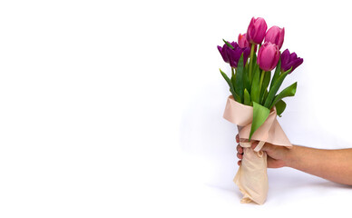 Man's hand holding a spring bunch of pink, violet tulips on light background with space for text