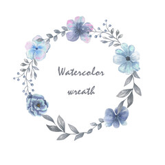 Watercolor wreath. Blue flowers. For invitation and greeting cards.