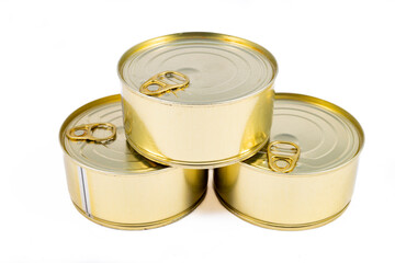 Metal cans of preserved food. Food with a long shelf life.