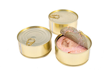 Open metal cans with preserved food. Food with a long shelf life.