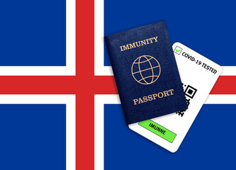 Immunity passport and test result for COVID-19 on flag of Iceland