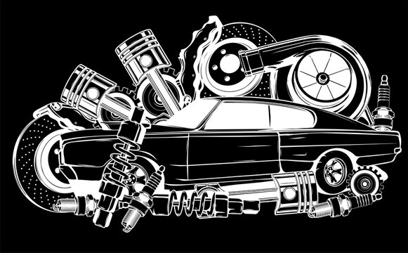 recommend clip art: Vector illustration of Car Spares Frame and parts silhouette in black background